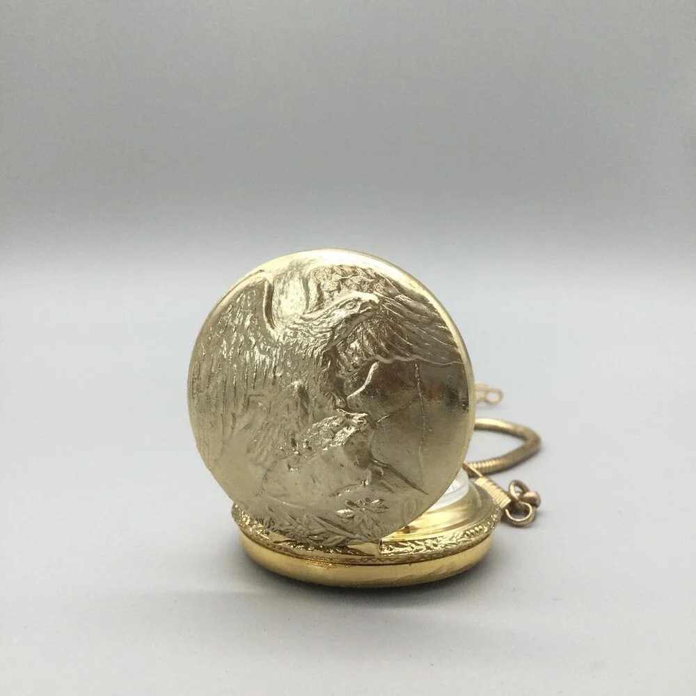 Futura Pocket Watch Men 46mm Gold Tone Eagle Hunter Case Chain Antimagnetic